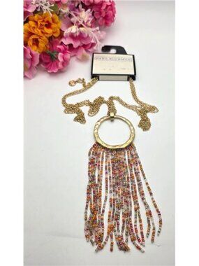 Dana Buchman Gold Tone Hammered Circle Tassel Necklace 30" Multicolor Seed Bead